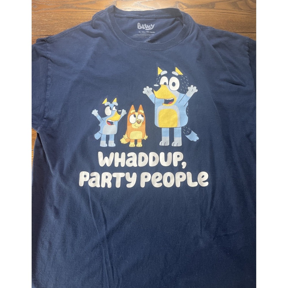 Navy Blue "Whaddup, Party People" Bluey Cotton Tshirt Size XL